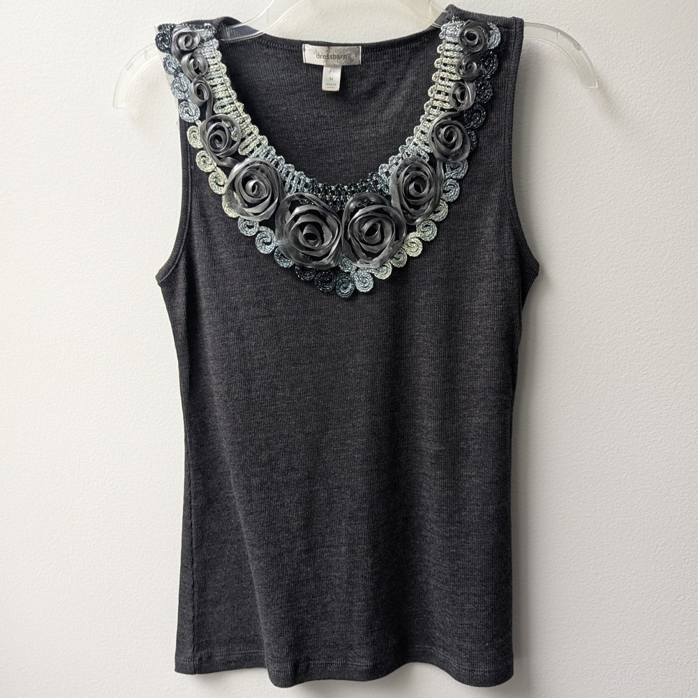 Vtg Y2K Tank Top Gray Rosette Floral Ribbed Sz M Dark Romantic Whimsigoth